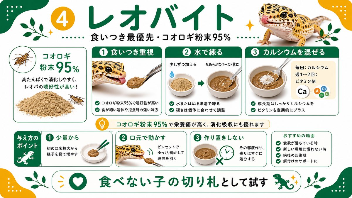 ④ レオバイト｜食いつき最優先・コオロギ粉末95%の要点をまとめたカメレオン・爬虫類飼育インフォグラフィック