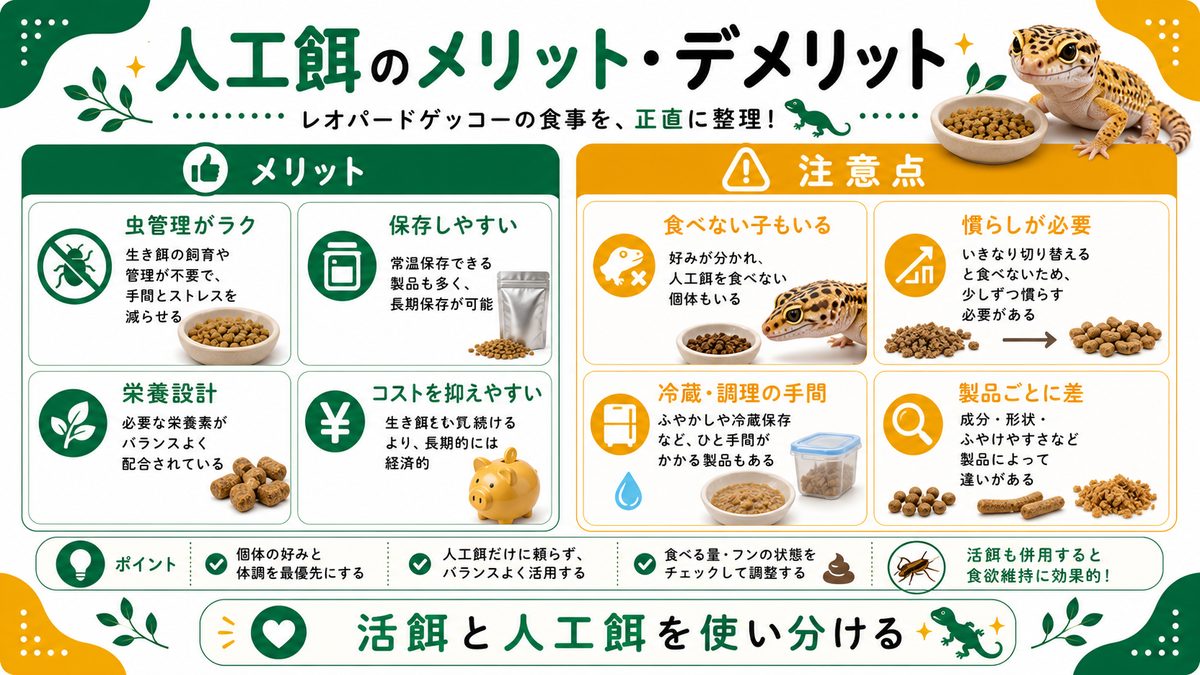 人工餌のメリット・デメリットを正直に整理の要点をまとめたカメレオン・爬虫類飼育インフォグラフィック