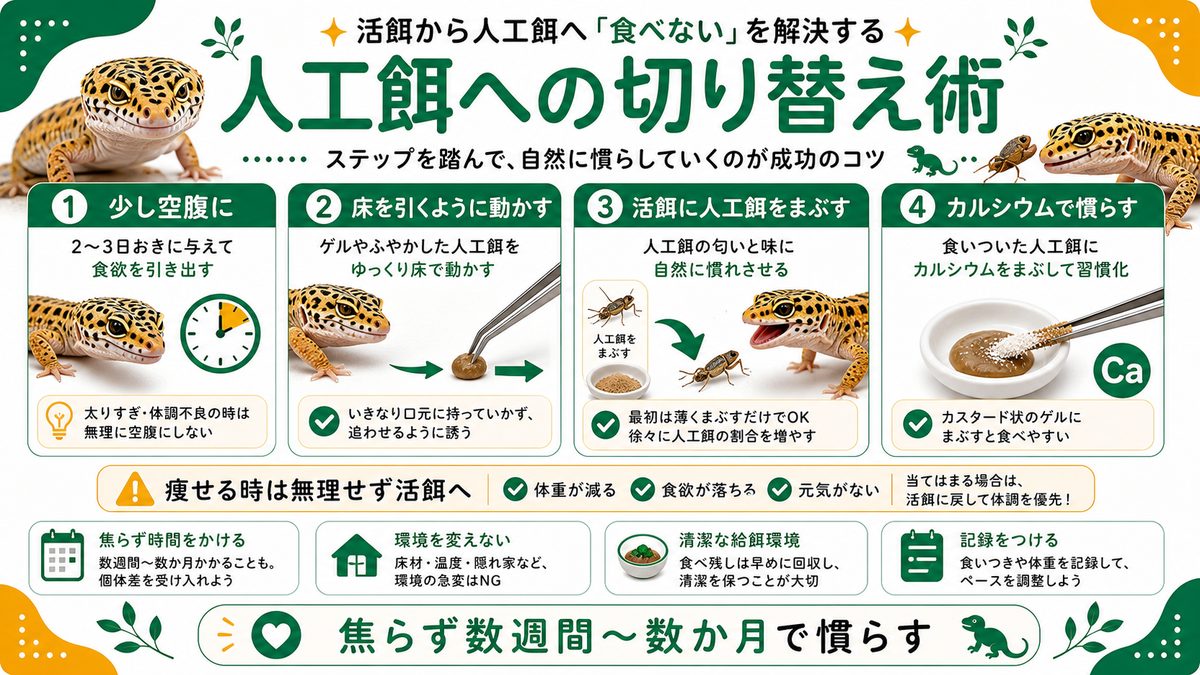 活餌から人工餌へ「食べない」を解決する切り替え術の要点をまとめたカメレオン・爬虫類飼育インフォグラフィック