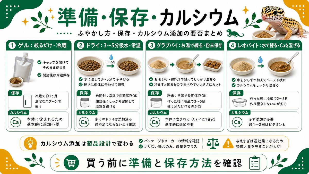 ふやかし方・保存・カルシウム添加の要否まとめの要点をまとめたカメレオン・爬虫類飼育インフォグラフィック
