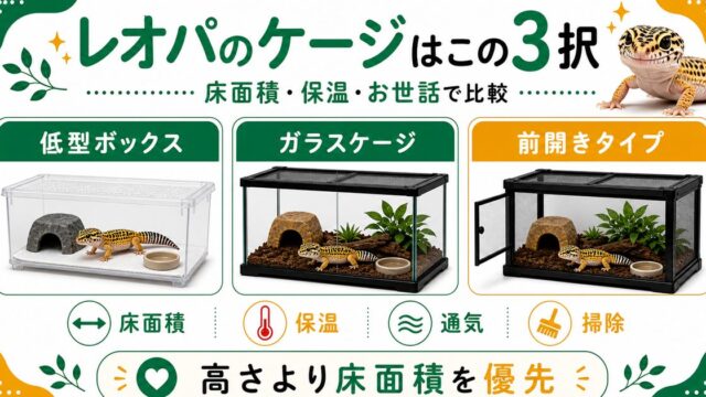 レオパのケージはこの3択！レプボ・グラステラリウム・前開きを徹底比較の要点を伝えるカメレオン・爬虫類記事アイキャッチ画像