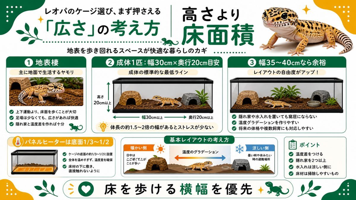 レオパのケージ選び、まず押さえる「広さ」の考え方の要点をまとめたカメレオン・爬虫類飼育インフォグラフィック