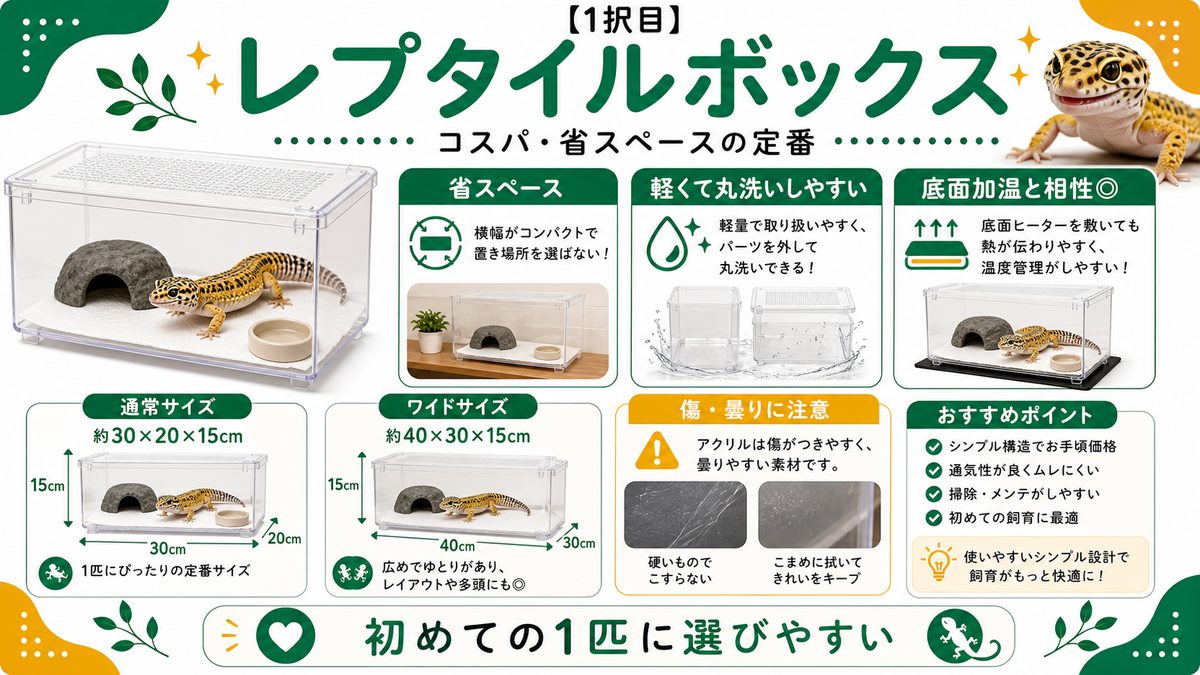 【1択目】レプタイルボックス（三晃商会）｜コスパ・省スペースの定番の要点をまとめたカメレオン・爬虫類飼育インフォグラフィック