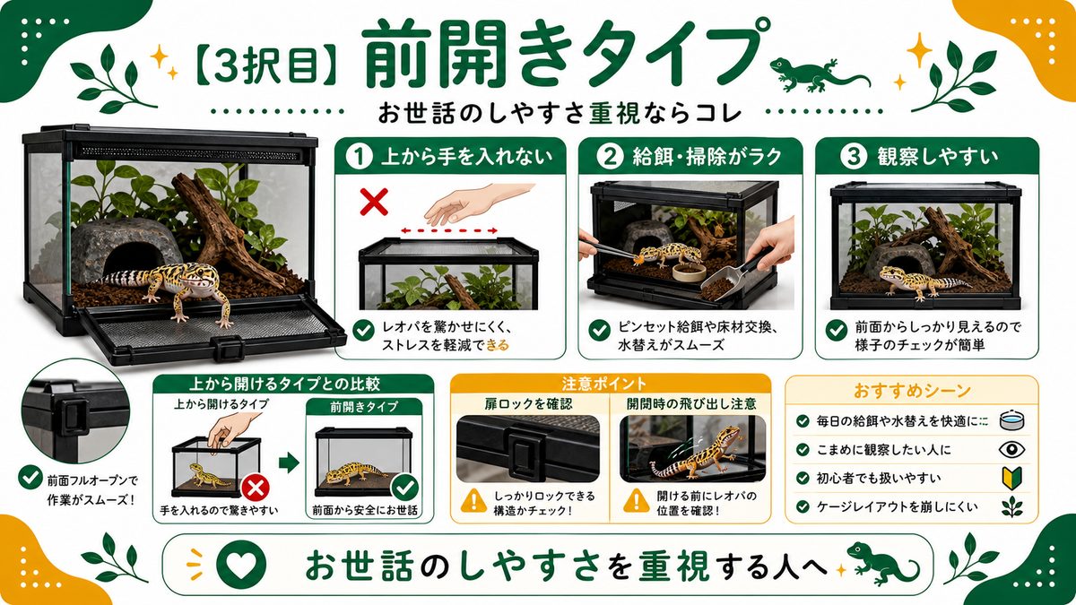【3択目】前開きタイプ｜お世話のしやすさ重視ならコレの要点をまとめたカメレオン・爬虫類飼育インフォグラフィック