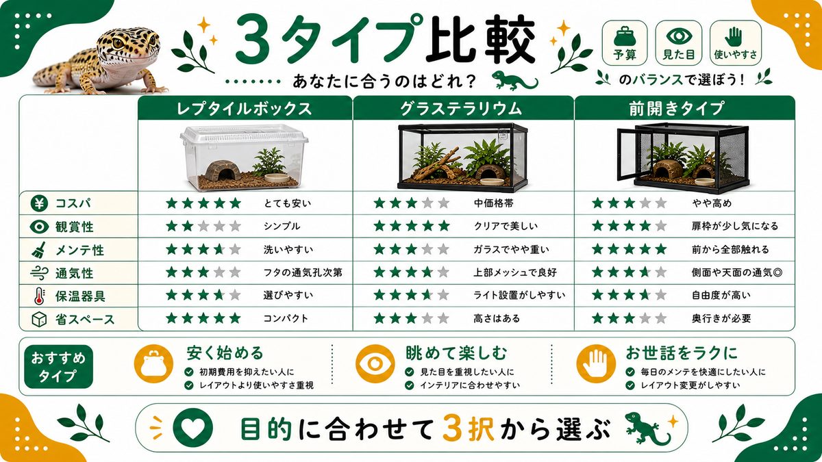3タイプ徹底比較表｜あなたに合うのはどれ？の要点をまとめたカメレオン・爬虫類飼育インフォグラフィック