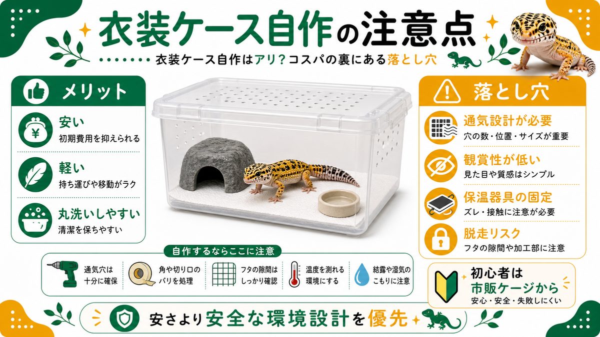 衣装ケース自作はアリ？コスパの裏にある落とし穴の要点をまとめたカメレオン・爬虫類飼育インフォグラフィック