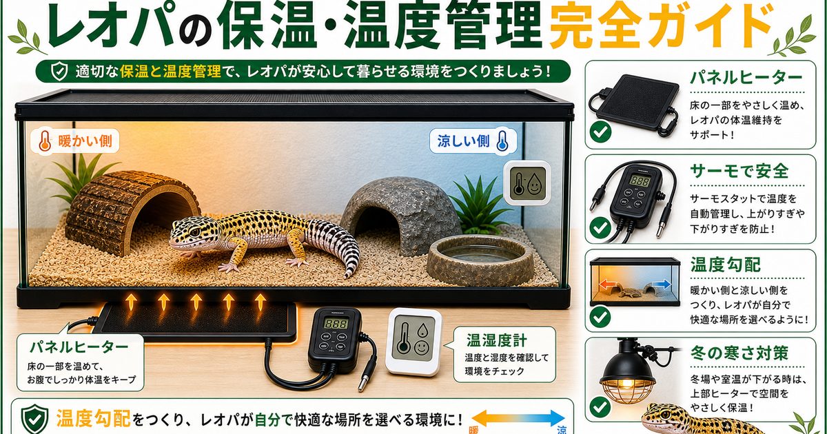 レオパの保温・温度管理完全ガイド！パネルヒーターの選び方と冬の寒さ対策の要点を伝えるカメレオン・爬虫類記事アイキャッチ画像