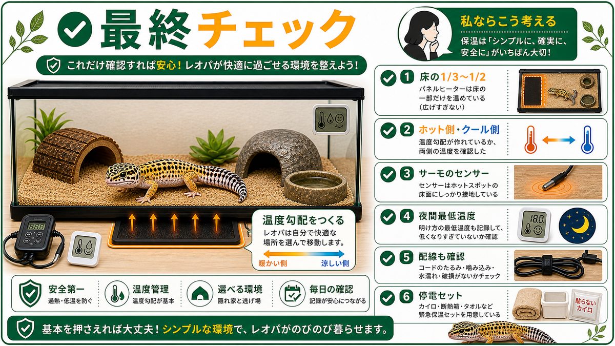 失敗しないためのチェックリストと「私ならこう考える」の要点をまとめたカメレオン・爬虫類飼育インフォグラフィック
