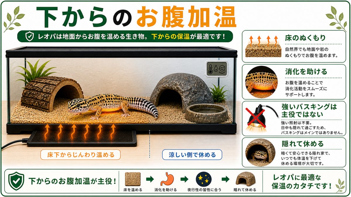 なぜレオパは「下からのお腹加温」が主役なのかの要点をまとめたカメレオン・爬虫類飼育インフォグラフィック