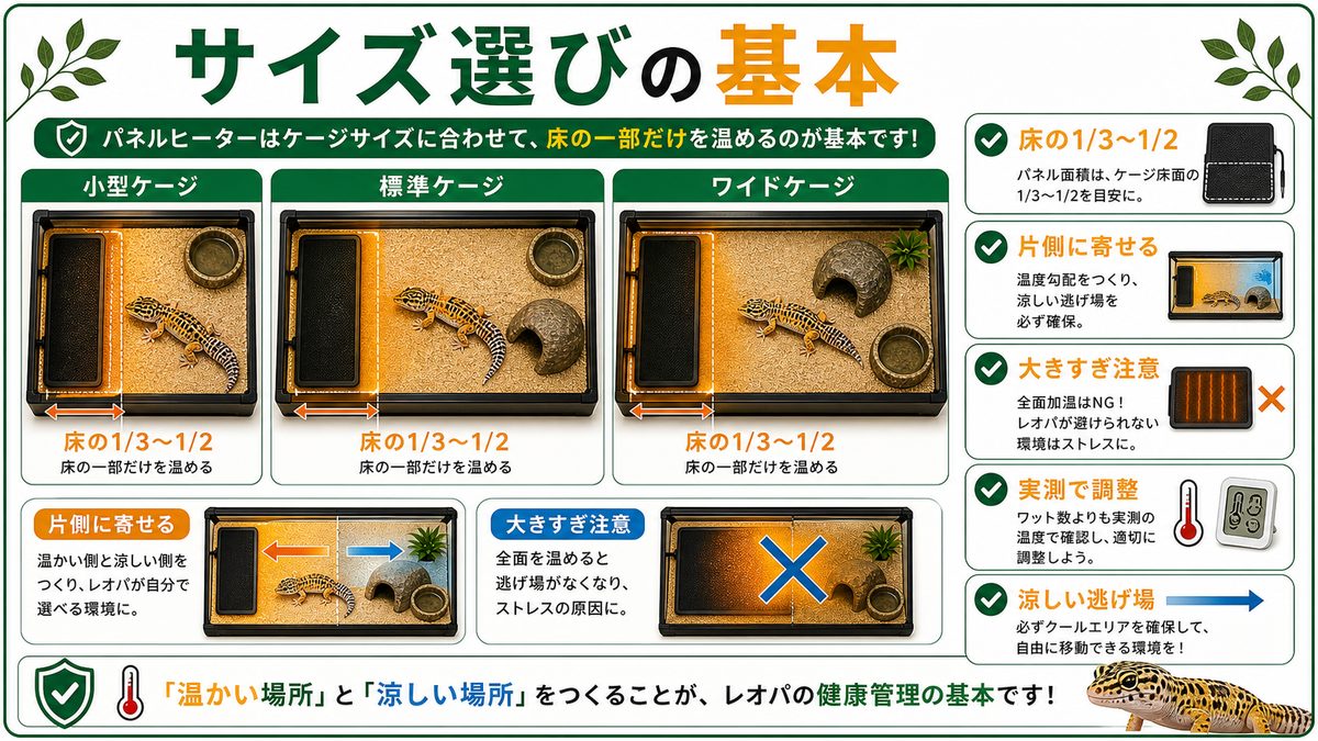ケージサイズに合うパネルヒーターのサイズ・W数の選び方の要点をまとめたカメレオン・爬虫類飼育インフォグラフィック
