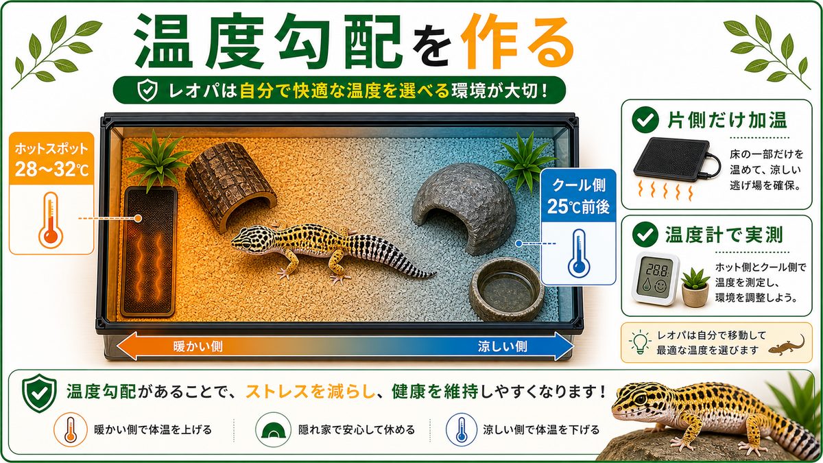 温度勾配の作り方：ホットスポット28〜32℃／クール側25℃前後の要点をまとめたカメレオン・爬虫類飼育インフォグラフィック