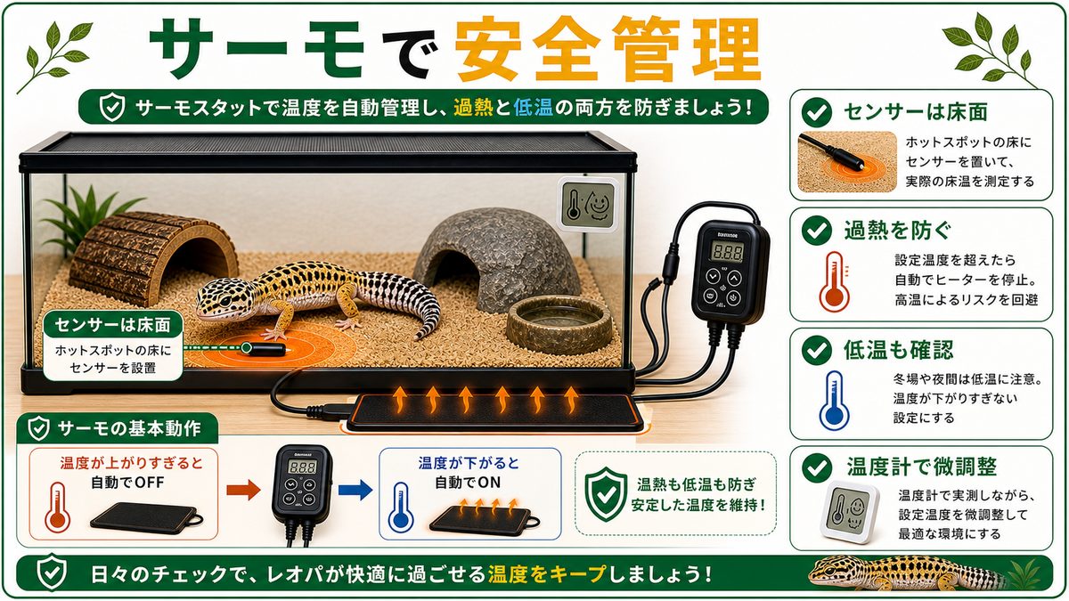 サーモスタットの設定の考え方（過熱と低温の両方を防ぐ）の要点をまとめたカメレオン・爬虫類飼育インフォグラフィック