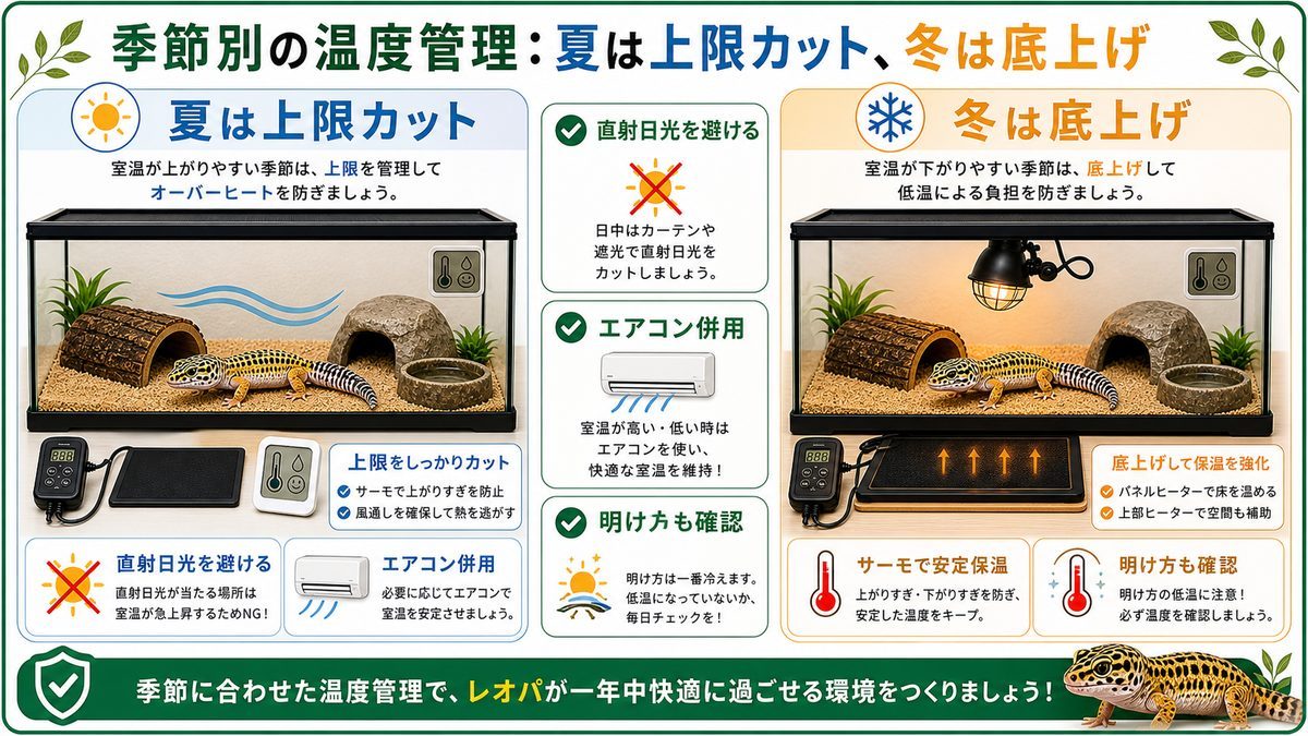 季節別の温度管理：夏は上限カット、冬は底上げの要点をまとめたカメレオン・爬虫類飼育インフォグラフィック