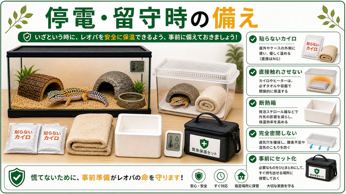 停電・留守時の緊急保温：いざという時の備えの要点をまとめたカメレオン・爬虫類飼育インフォグラフィック