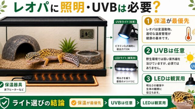 レオパに照明・UVBは必要？ライトいらない説の真相とおすすめの選び方を解説の要点を伝えるカメレオン・爬虫類記事アイキャッチ画像
