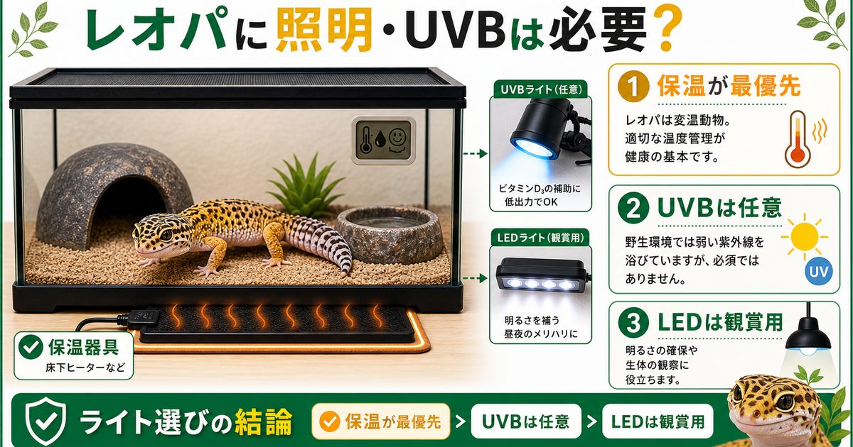 レオパに照明・UVBは必要？ライトいらない説の真相とおすすめの選び方を解説の要点を伝えるカメレオン・爬虫類記事アイキャッチ画像