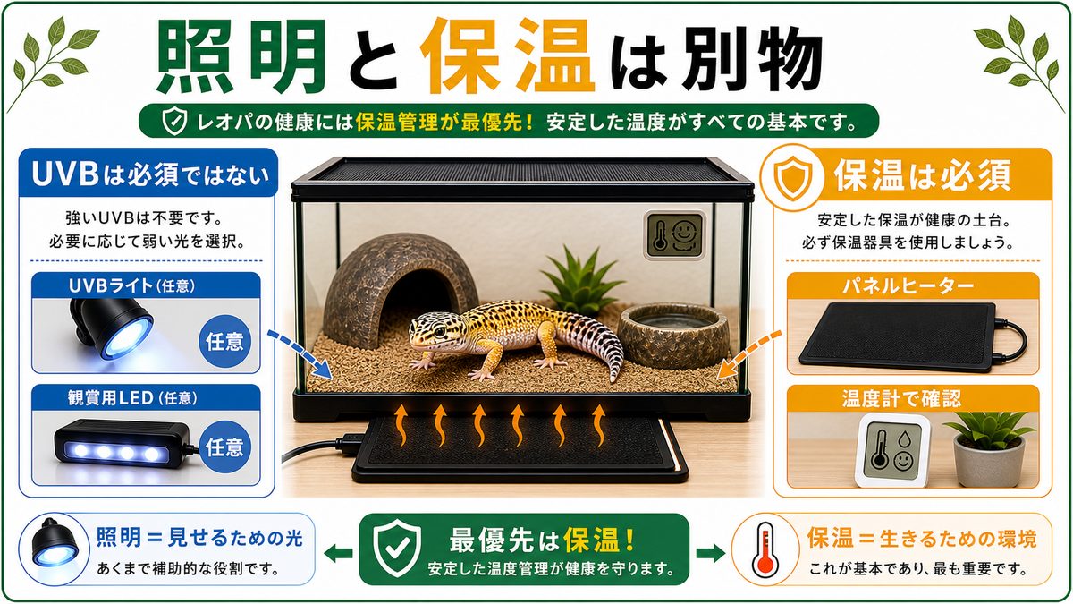 結論：レオパにUVBは必須ではない。でも"保温"は絶対に必要の要点をまとめたカメレオン・爬虫類飼育インフォグラフィック