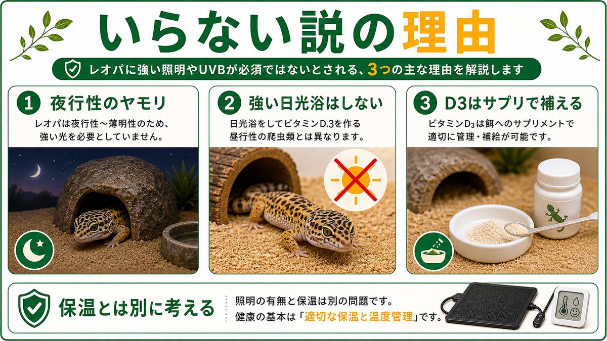 レオパに照明がいらないと言われる3つの理由の要点をまとめたカメレオン・爬虫類飼育インフォグラフィック