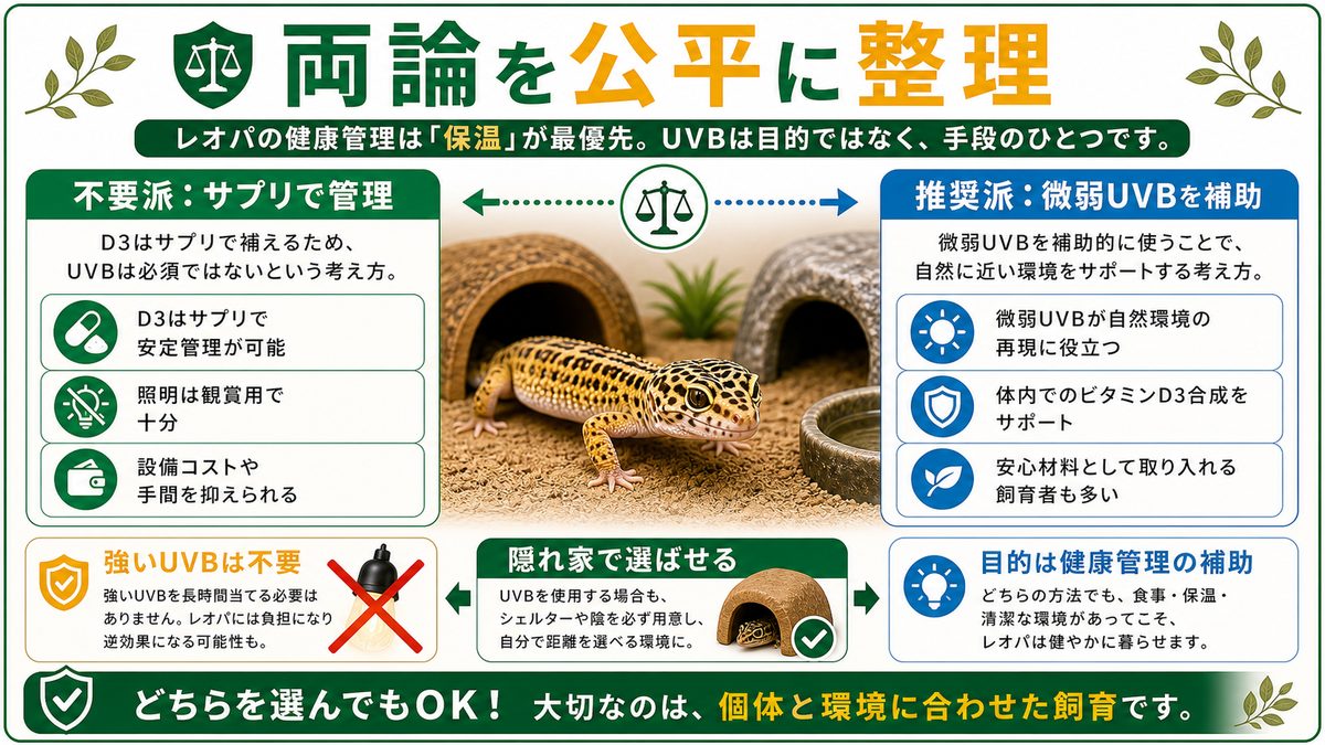近年は「微弱UVB推奨説」も。両論を公平に整理の要点をまとめたカメレオン・爬虫類飼育インフォグラフィック