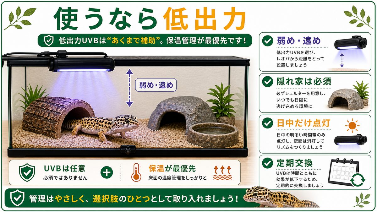レオパに低出力UVBを使うなら？選び方と注意点の要点をまとめたカメレオン・爬虫類飼育インフォグラフィック