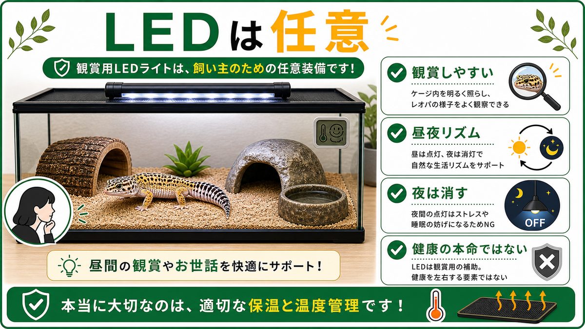 観賞用LEDライトは「飼い主のため」の任意装備の要点をまとめたカメレオン・爬虫類飼育インフォグラフィック