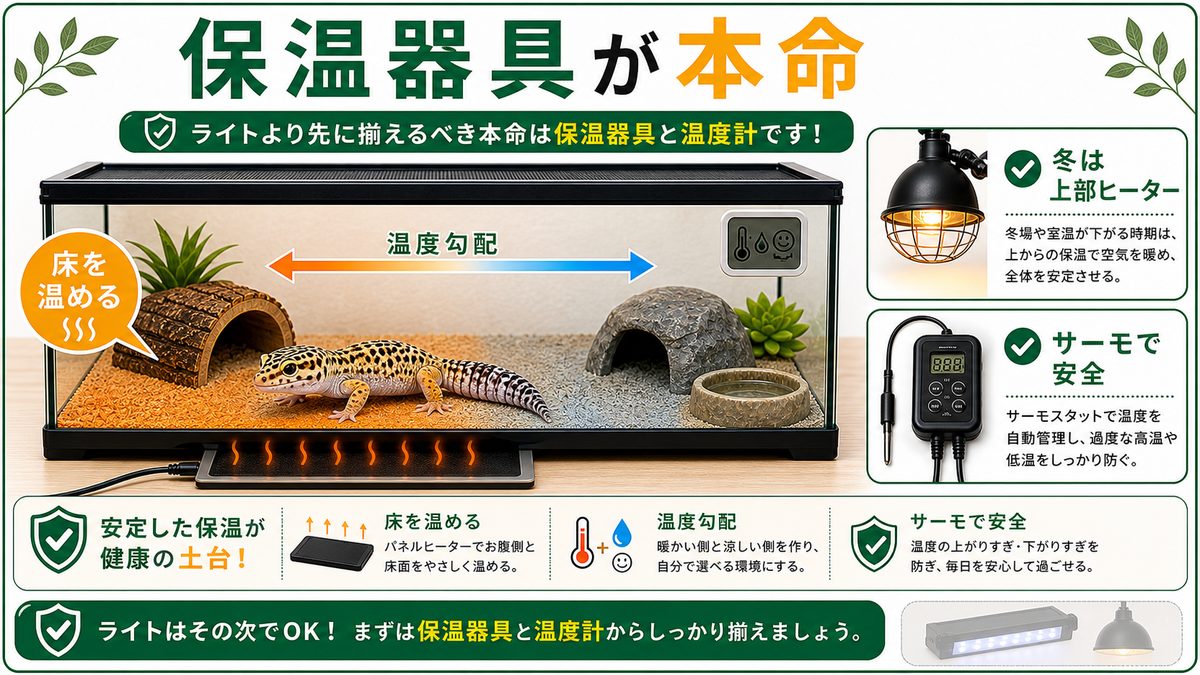 ライトより先に揃えるべき"本命"は保温器具と温度計の要点をまとめたカメレオン・爬虫類飼育インフォグラフィック