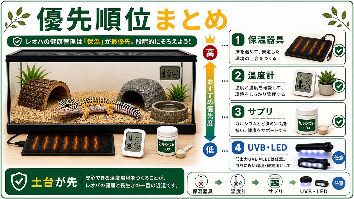 レオパの照明・保温器具をそろえる優先順位まとめの要点をまとめたカメレオン・爬虫類飼育インフォグラフィック