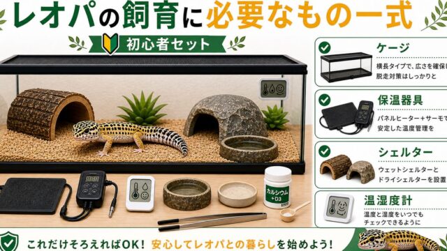 レオパの飼育に必要なもの一式！初心者の飼育セットと初期費用を徹底解説の要点を伝えるカメレオン・爬虫類記事アイキャッチ画像