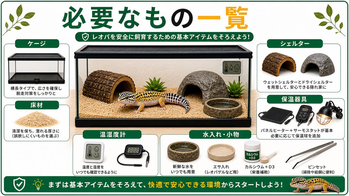 レオパに必要なもの一覧表｜まず全体像をつかむの要点をまとめたカメレオン・爬虫類飼育インフォグラフィック