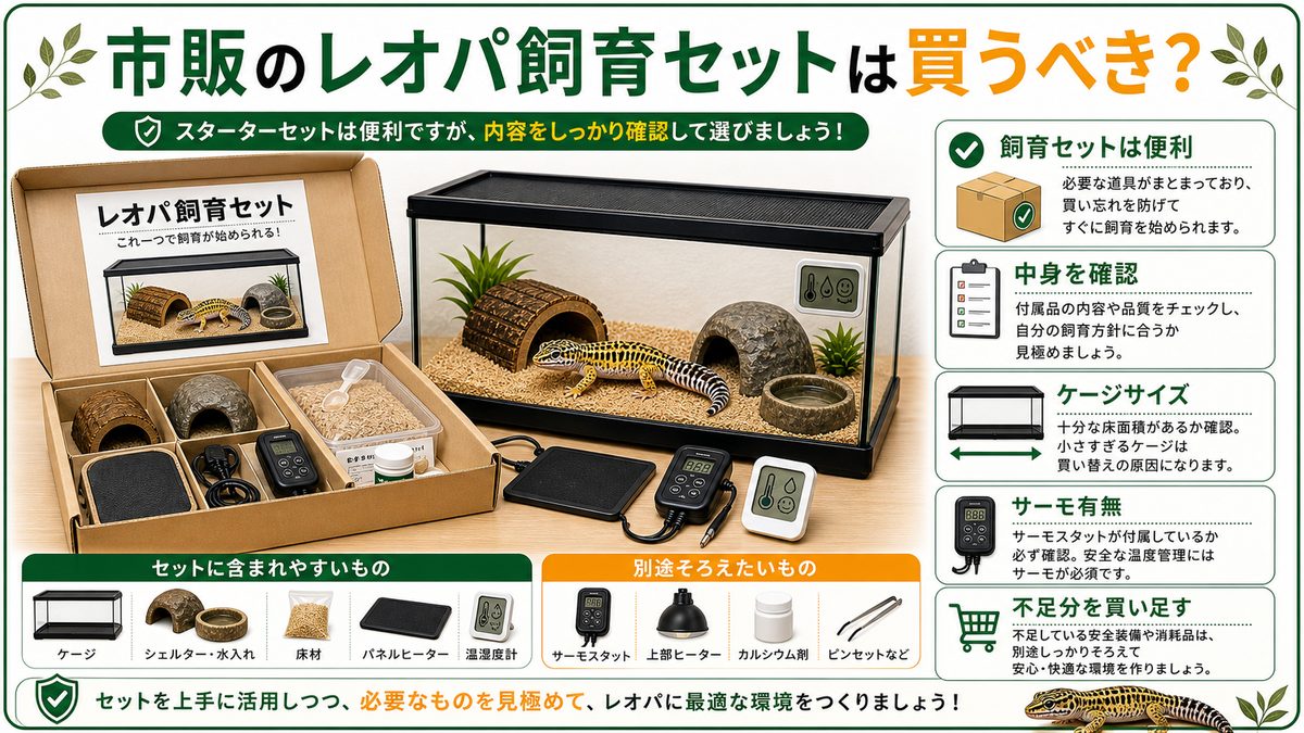 市販の「レオパ飼育セット」は買うべき？の要点をまとめたカメレオン・爬虫類飼育インフォグラフィック