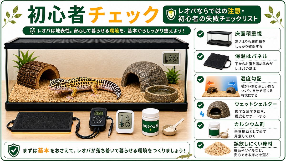 レオパならではの注意・初心者の失敗チェックリストの要点をまとめたカメレオン・爬虫類飼育インフォグラフィック