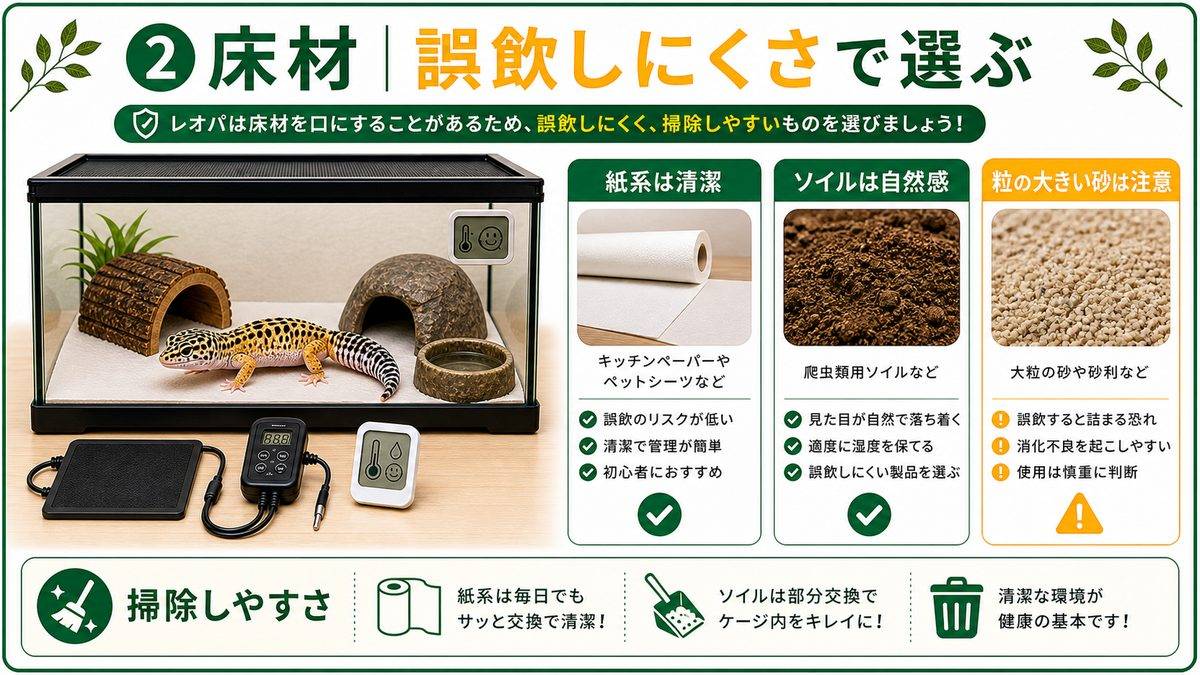 ②床材｜誤飲しにくさで選ぶの要点をまとめたカメレオン・爬虫類飼育インフォグラフィック