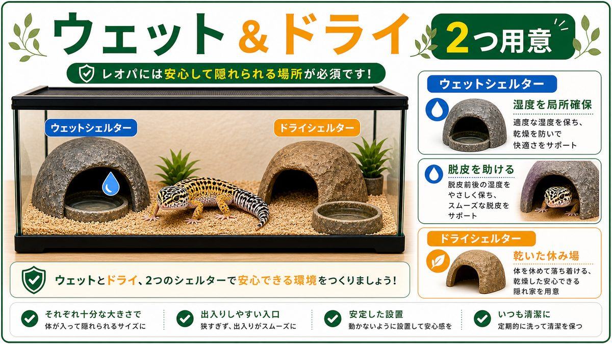 ③シェルター｜ウェット＆ドライの2つを用意の要点をまとめたカメレオン・爬虫類飼育インフォグラフィック