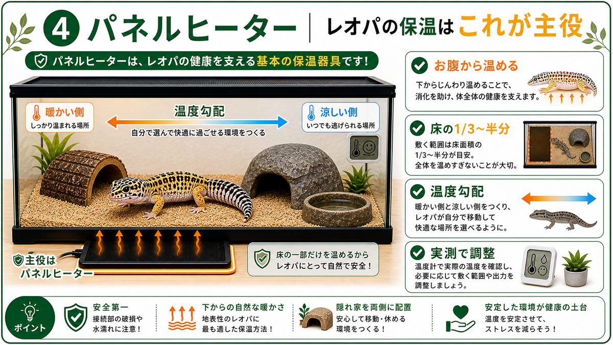 ④パネルヒーター｜レオパの保温はこれが主役の要点をまとめたカメレオン・爬虫類飼育インフォグラフィック