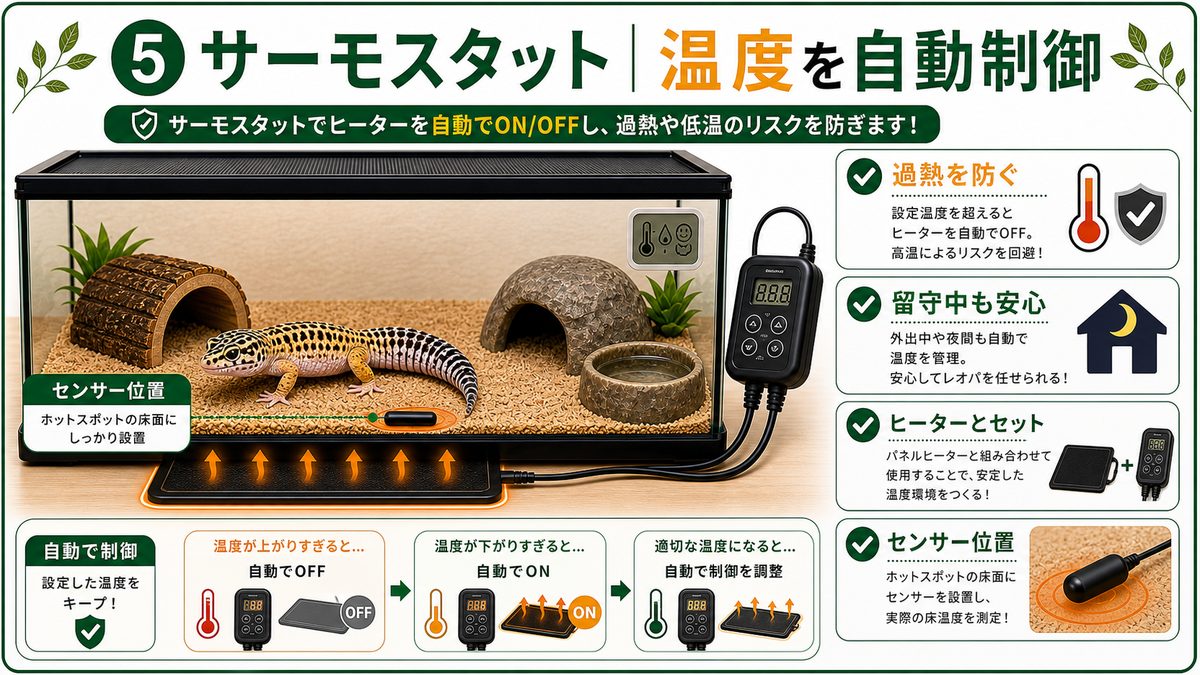 ⑤サーモスタット｜過熱を防いで温度を自動制御の要点をまとめたカメレオン・爬虫類飼育インフォグラフィック