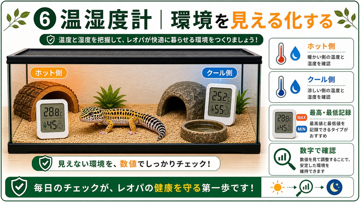 ⑥温湿度計｜環境を「見える化」するの要点をまとめたカメレオン・爬虫類飼育インフォグラフィック