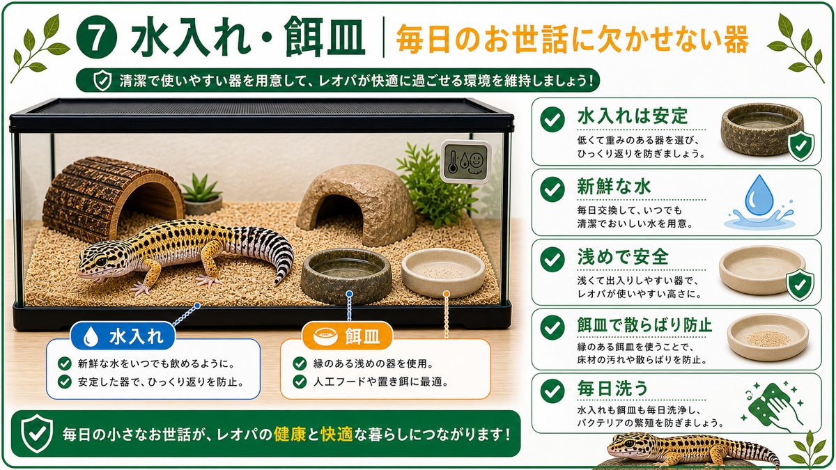⑦水入れ・餌皿｜毎日のお世話に欠かせない器の要点をまとめたカメレオン・爬虫類飼育インフォグラフィック