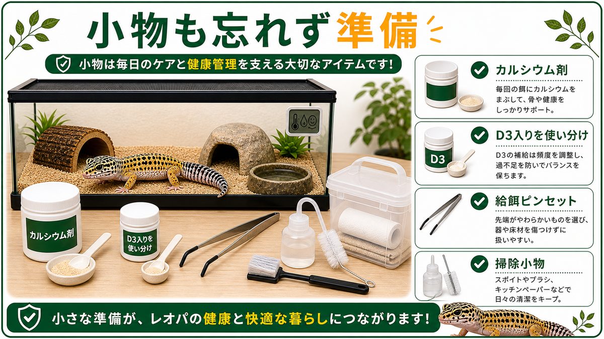⑧カルシウム剤・ピンセットなどの小物｜健康と給餌を支えるの要点をまとめたカメレオン・爬虫類飼育インフォグラフィック