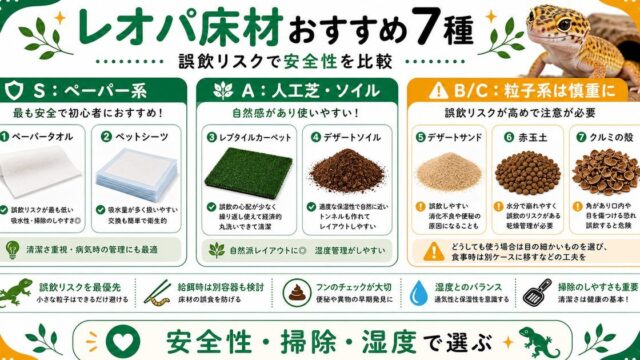 レオパの床材おすすめ7種を誤飲リスクで格付け！ソイル・ペーパー・人工芝の正解の要点を伝えるカメレオン・爬虫類記事アイキャッチ画像
