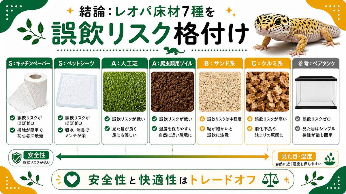結論:レオパ床材7種を誤飲リスクで格付けの要点をまとめたカメレオン・爬虫類飼育インフォグラフィック