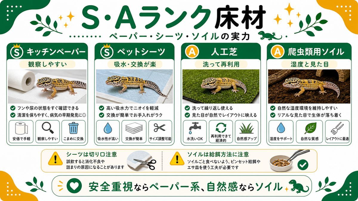 S・Aランク床材:ペーパー・シーツ・ソイルの実力の要点をまとめたカメレオン・爬虫類飼育インフォグラフィック