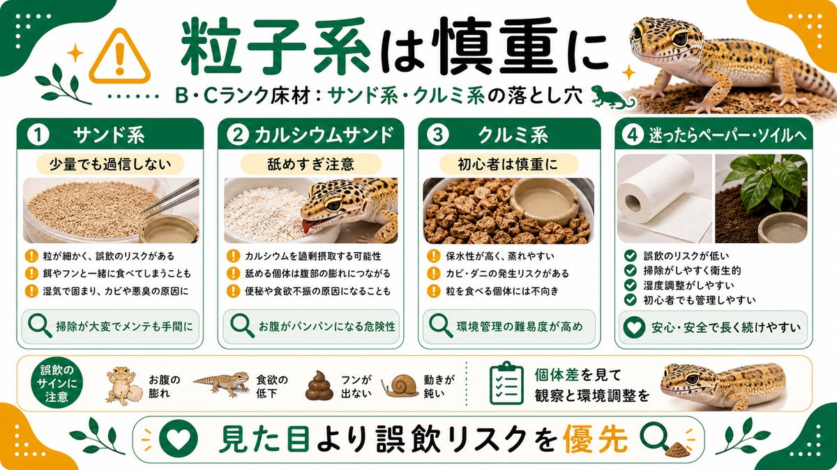 B・Cランク床材:サンド系・クルミ系の落とし穴の要点をまとめたカメレオン・爬虫類飼育インフォグラフィック
