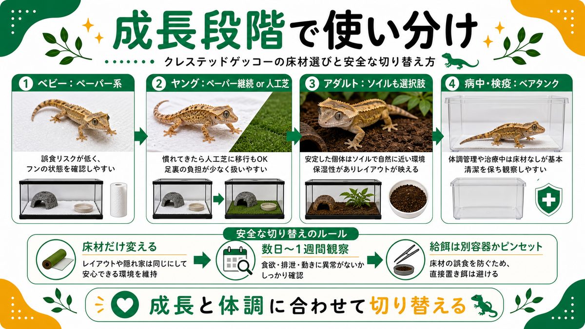 ベビーと成体の使い分け・安全な切り替え方の要点をまとめたカメレオン・爬虫類飼育インフォグラフィック