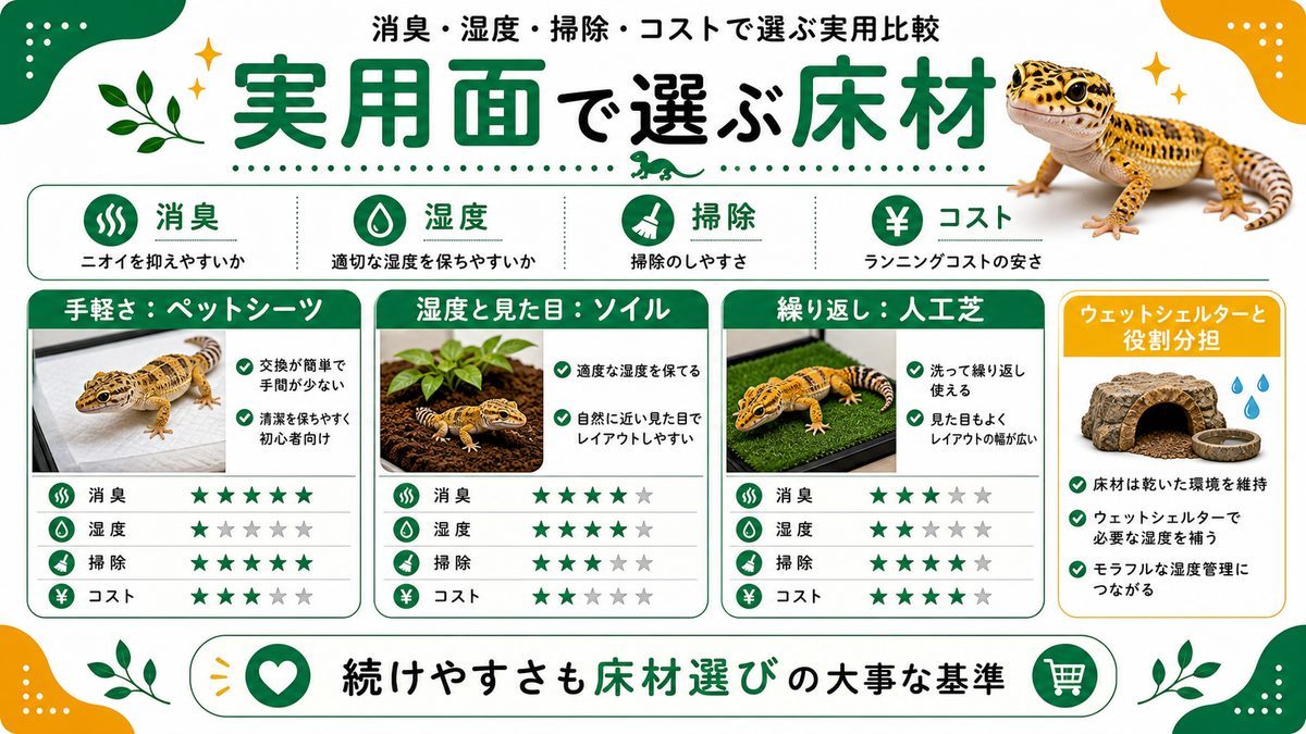 消臭・湿度・掃除・コストで選ぶ実用比較の要点をまとめたカメレオン・爬虫類飼育インフォグラフィック