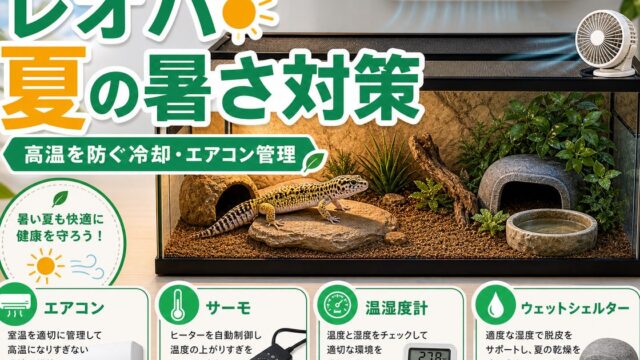 レオパの夏の暑さ対策完全ガイド！高温を防ぐ冷却・エアコン管理の正解の要点を伝えるカメレオン・爬虫類記事アイキャッチ画像