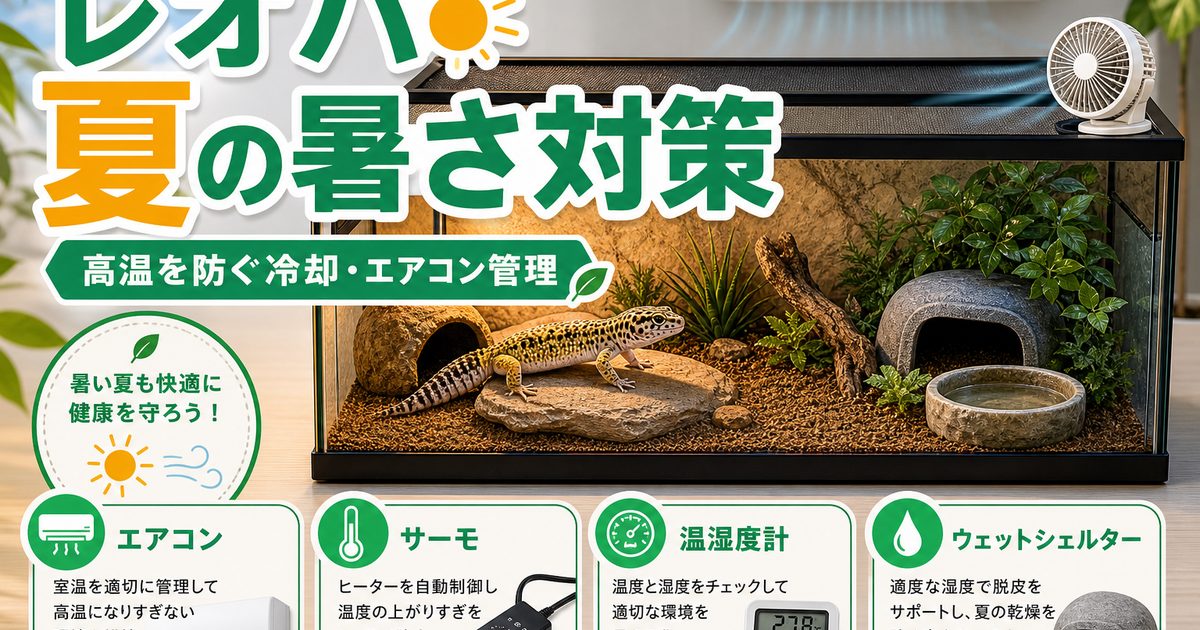 レオパの夏の暑さ対策完全ガイド！高温を防ぐ冷却・エアコン管理の正解の要点を伝えるカメレオン・爬虫類記事アイキャッチ画像