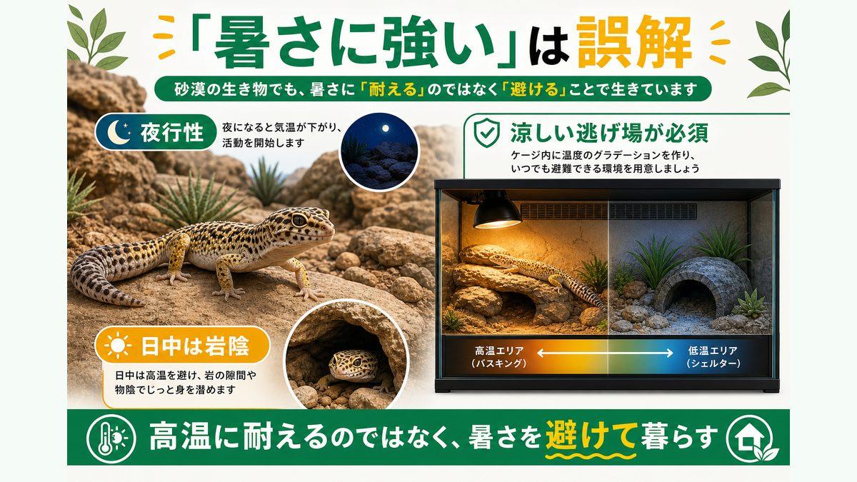 「砂漠の生き物だから暑さに強い」は危険な誤解の要点をまとめたカメレオン・爬虫類飼育インフォグラフィック