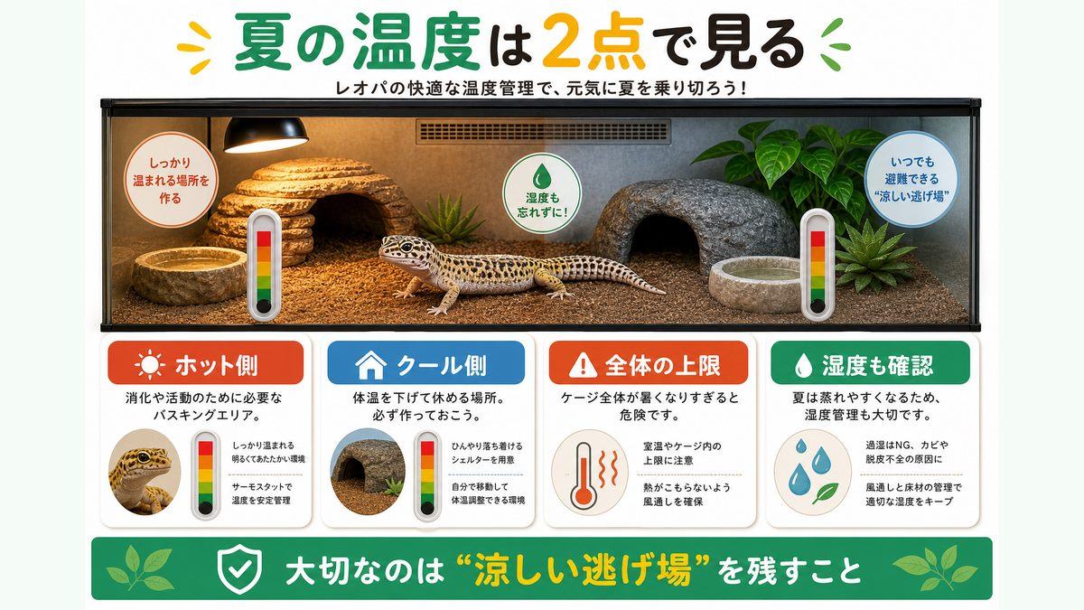 レオパの夏の適温・危険温度を早見表で確認の要点をまとめたカメレオン・爬虫類飼育インフォグラフィック