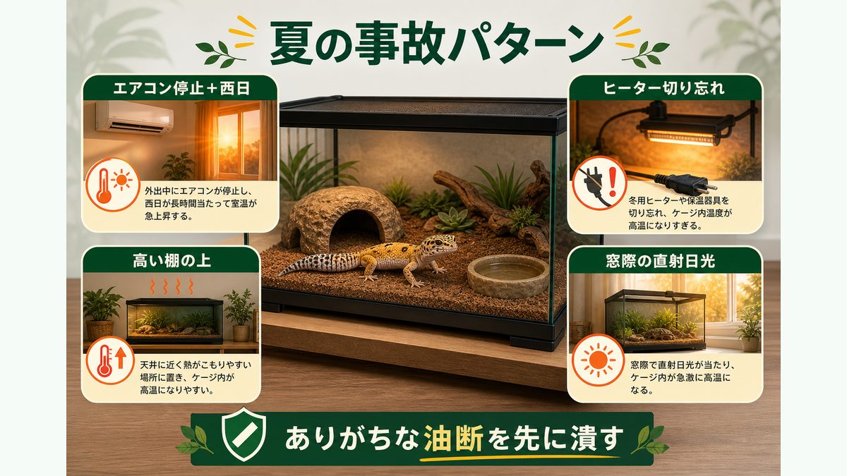 夏にレオパで起きる事故パターンを知るの要点をまとめたカメレオン・爬虫類飼育インフォグラフィック