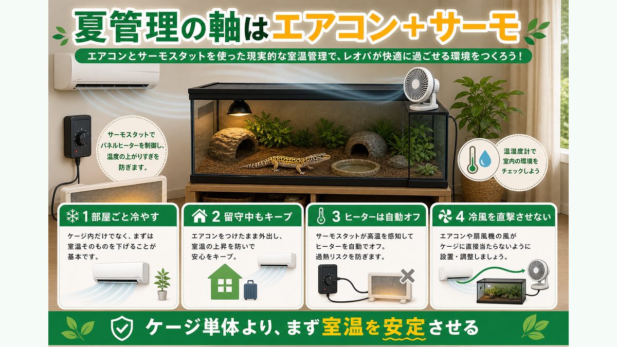 エアコン・サーモを軸にした現実的な室温管理の要点をまとめたカメレオン・爬虫類飼育インフォグラフィック